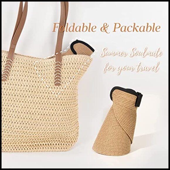 Straw Sun Visor Hat Packable Travel Beach UPF 80+ Adjustable Ponytail Friendly main image 6